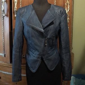 Moto Jacket Faux Leather Vintage Denim Blue